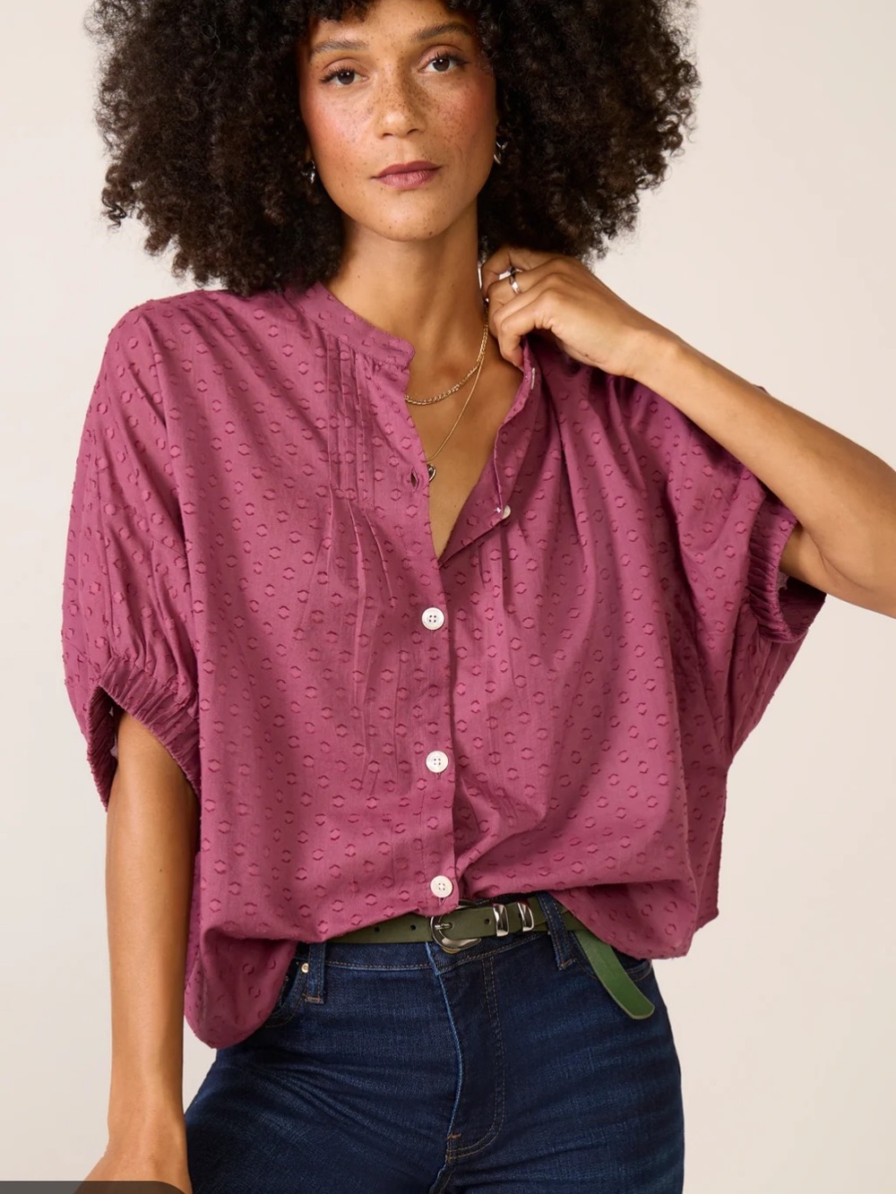 Emerson Fry Rose-Mauve swissdot Button-Front Mandarin Top OS